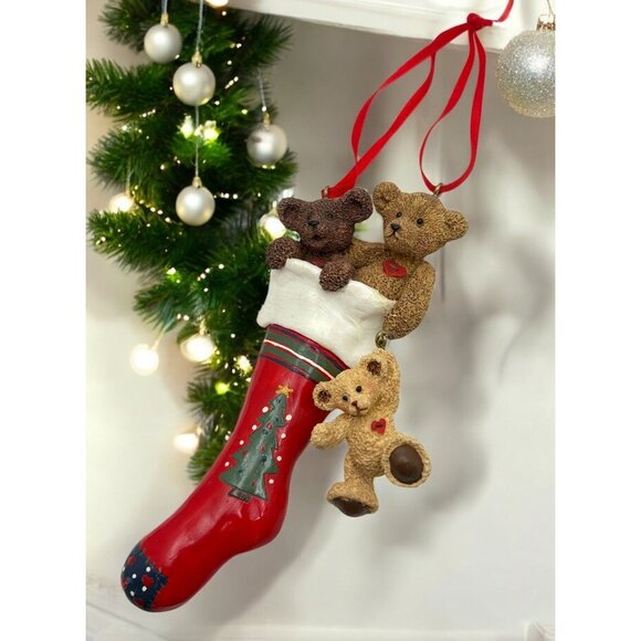 Vintage Kurt S Adler Holly Bearies Christmas Stocking Tree Ornament Teddy Bears - Picture 1 of 7
